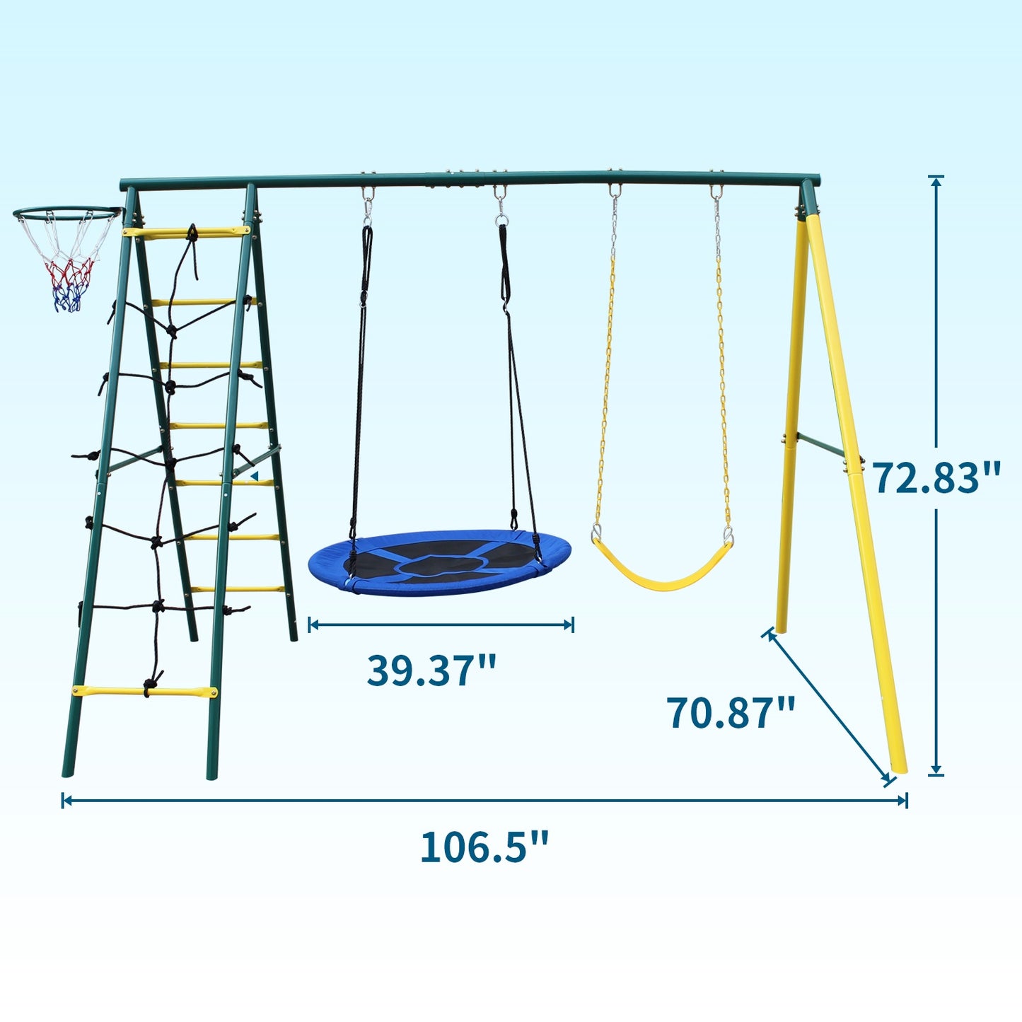 5 in 1 Swing Sets for Backyard, SHINPT Kids Outdoor Playground Equipment with Saucer Swing, A-Frame Heavy Duty Metal Swing Set with Climbing Ladder and Basketball Hoop for Age 3-8, 400 lbs Capacity