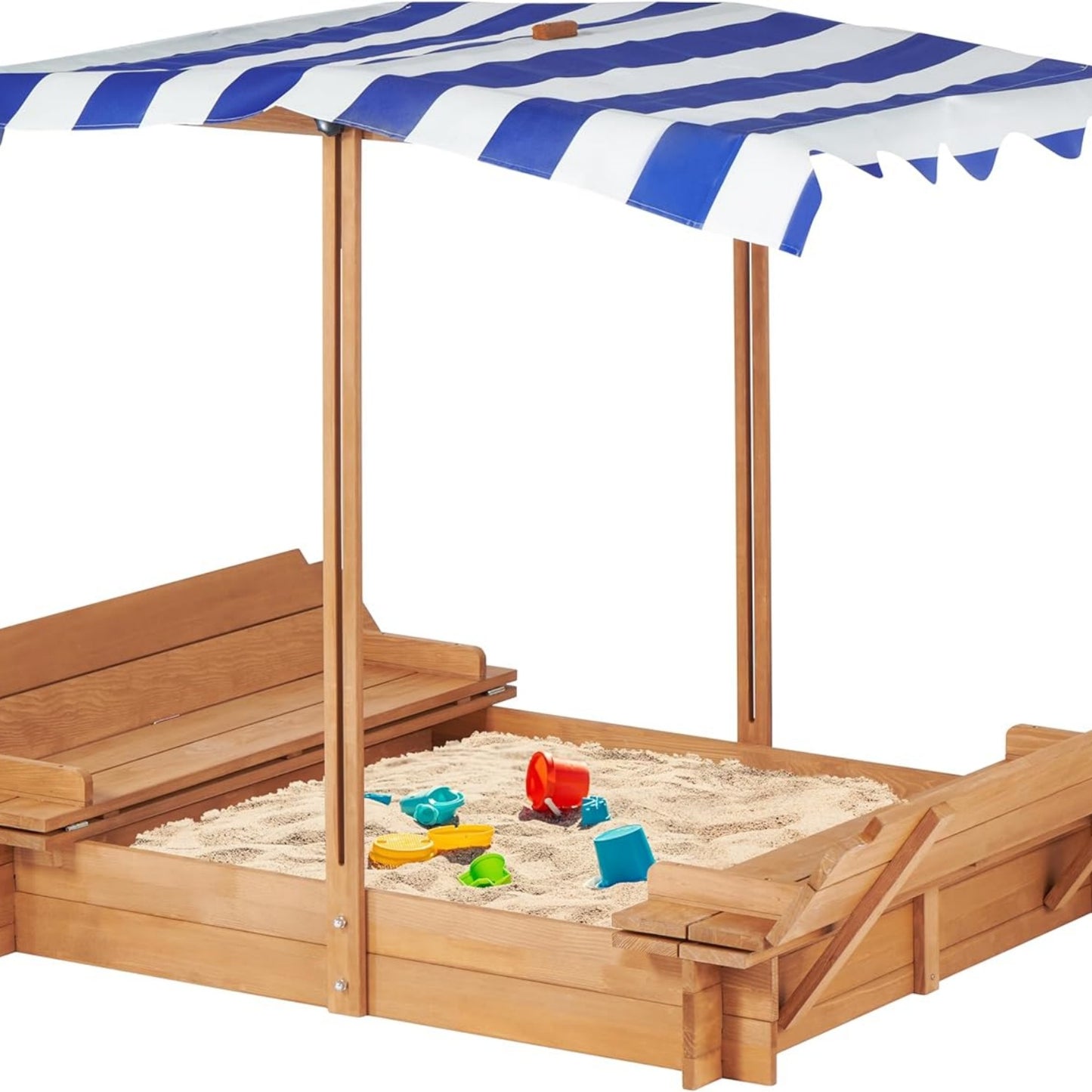 Wooden Sandbox with Lid, SHINPT 46'' Kids Sandbox with 2 Foldable Bench Seats, Toddler Sandbox with Canopy Outdoor, Sand Pit for Kids 2-6, UV-Protection & Natural Wood, Perfect for Backyard, Beach