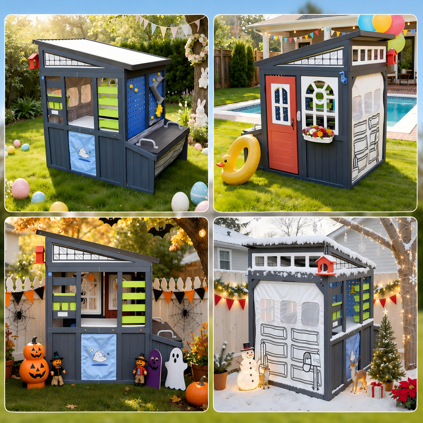 Wooden Playhouse for Kids, SHINPT Kids Outdoor Playhouse Storage Shed Style with Doorbell and Simulation Tool Kits, Backyard Playhouse for Garden, Lawn, Outdoor Toys Gift for Girls and Boys Ages 3+