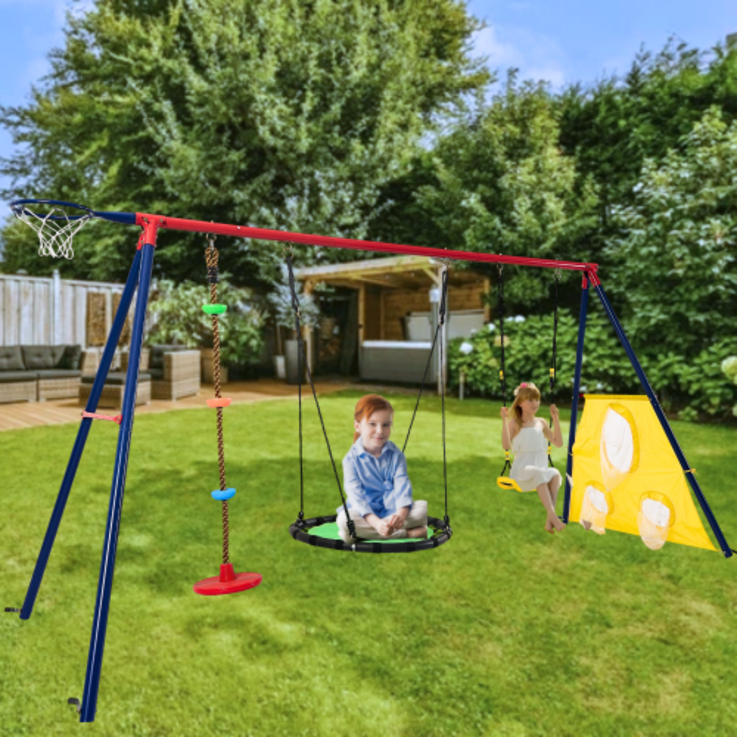 Swing Set for Backyard, SHINPT Kids Outdoor Play Equipment with Saucer Swing, Basketball Hoop and Football Net, Heavy-Duty Metal Swing Sets with 550 lbs Supports for Outdoor, Yard, Park, Backyard