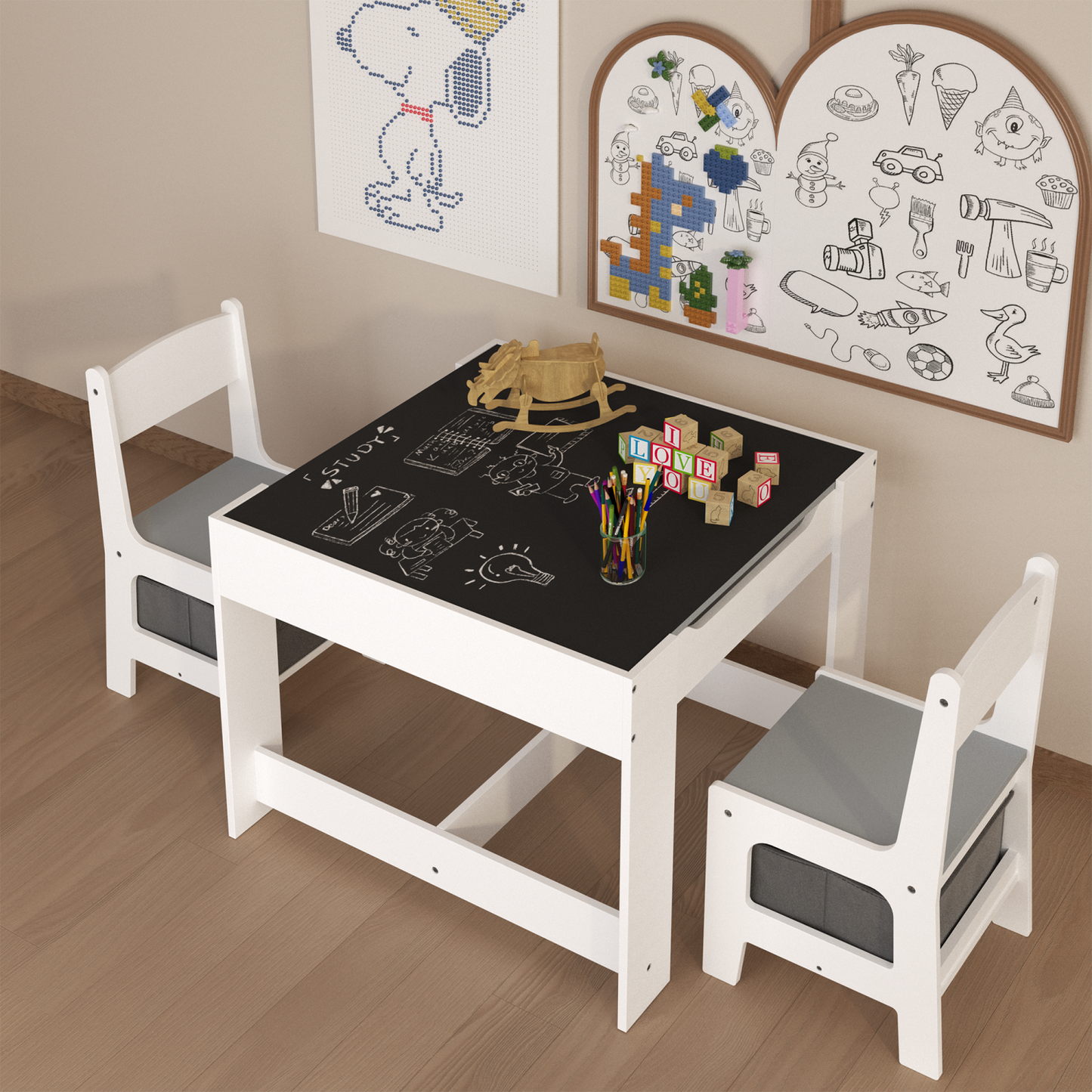 Kids Table and Chair Set for Ages 3-7, SHINPT 3 in 1 Toddler Desk and Chair Set with Storage Drawer, 2 in 1 Wooden Activity Table with Detachable Tabletop for Nursery, Playroom, Classroom,Home