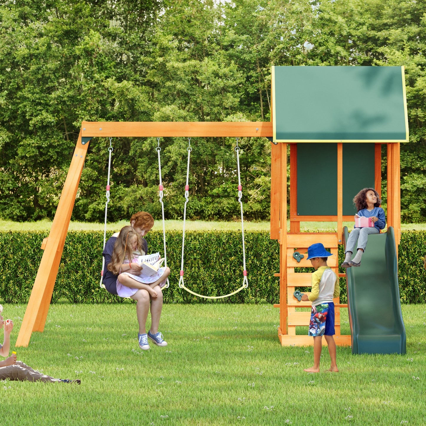 Wooden Outdoor Swing Set, All-in-One Kids Outdoor Play Equipment for Kids Age 3-12 with Wave Slide, 2 Swings, Climbing Wall, Canopy Roof and Ladder, Kids Playground for Backyard, Garden, Park