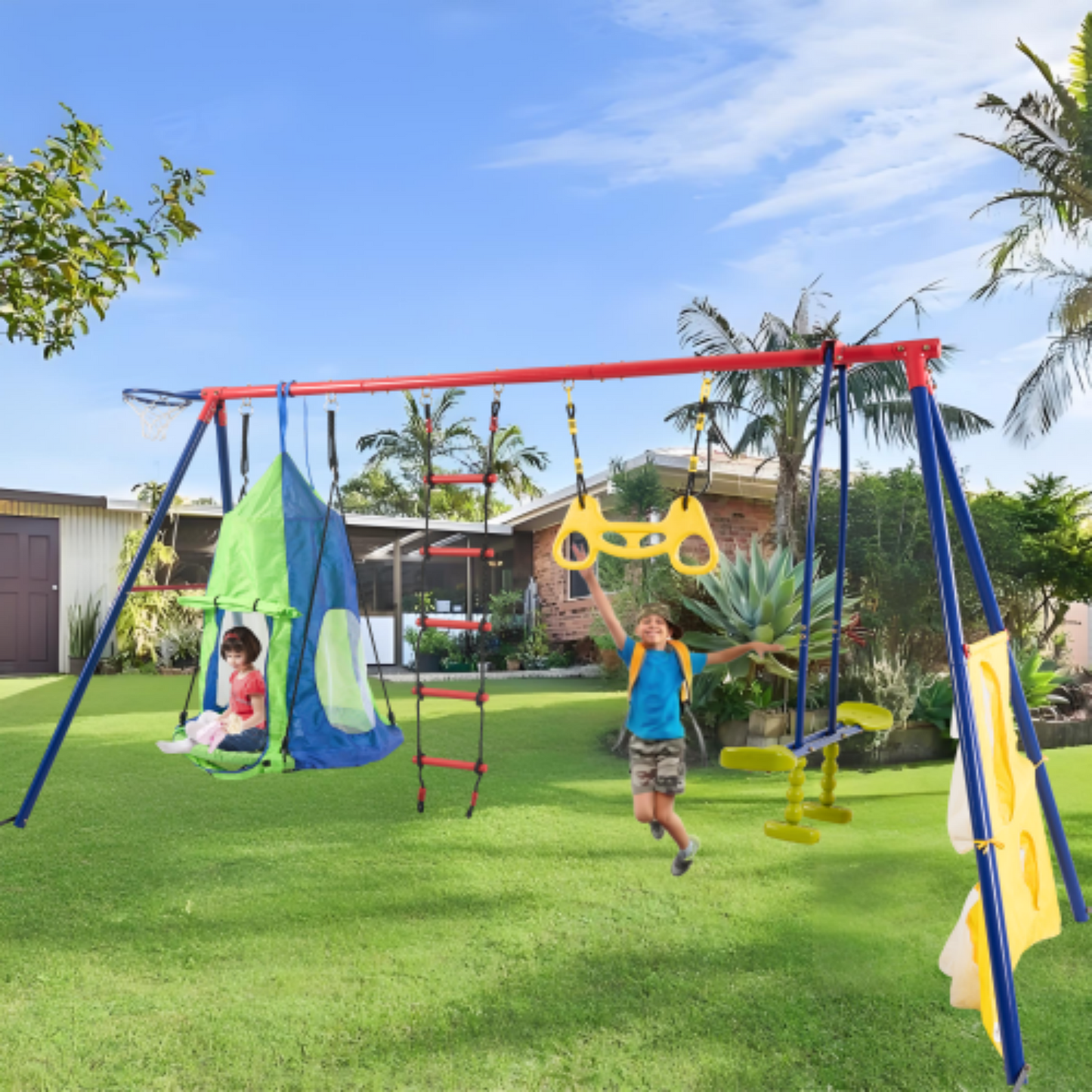 Yardmaster 6in1 Swing Sets for Backyard, Rainbow Colour Kids Swingset with Climbing Ladder and Basketball Hoop, Padded Saucer Swing with Soccer Net and Two Facing Swings