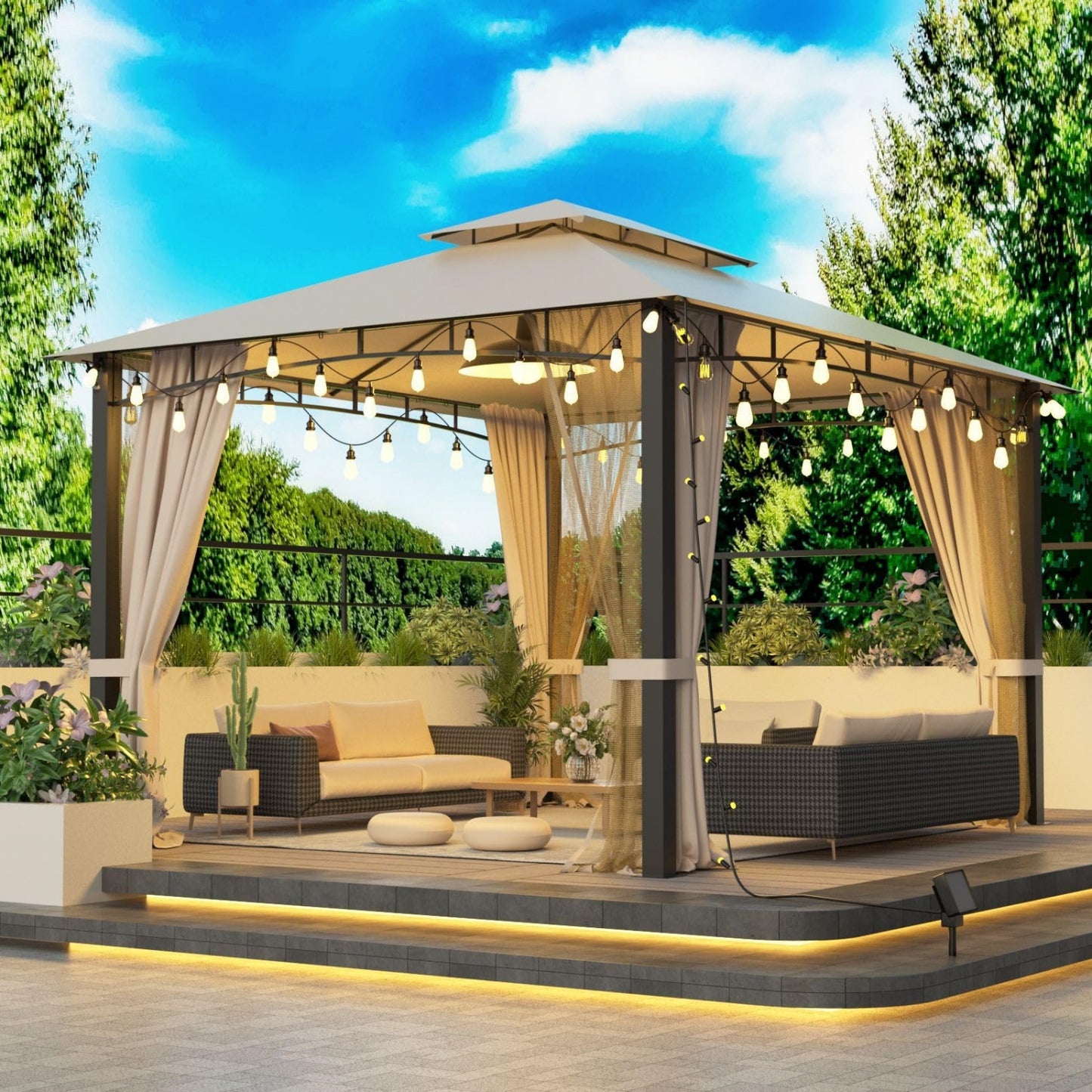 10x12ft Outdoor Gazebo for Backyard, SHINPT Softtop Heavy Duty Canopy with Mosquito Net&Sunshade Curtains, Metal Grill Gazebo with Double Roof, Waterproof/Wind Resistant for Deck Poolside Garden