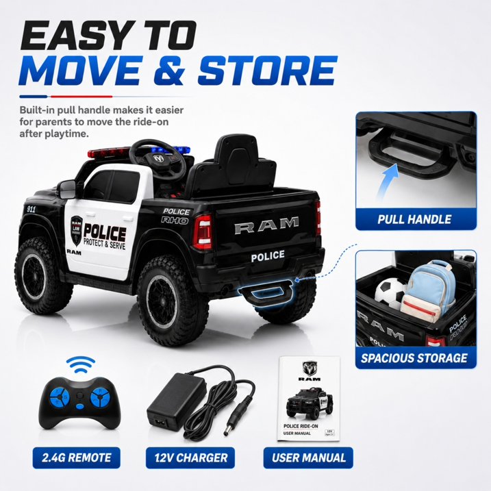 SHINPT Police Car Ride on, RAM1500 RHO Kids Electric Police Car with Parent Remote Control, 12V Powered Toddler Ride on Toy with Siren Lights, Single Seat, 1-3MPH Safe Speed for Boys Girls Ages 3-8