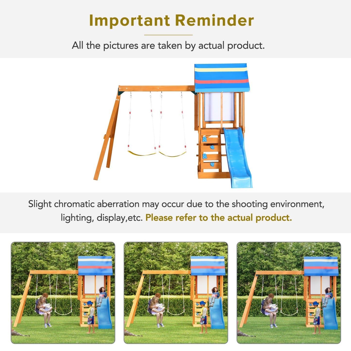 Wooden Outdoor Swing Set, All-in-One Kids Outdoor Play Equipment for Kids Age 3-12 with Wave Slide, 2 Swings, Climbing Wall, Canopy Roof and Ladder, Kids Playground for Backyard, Garden, Park