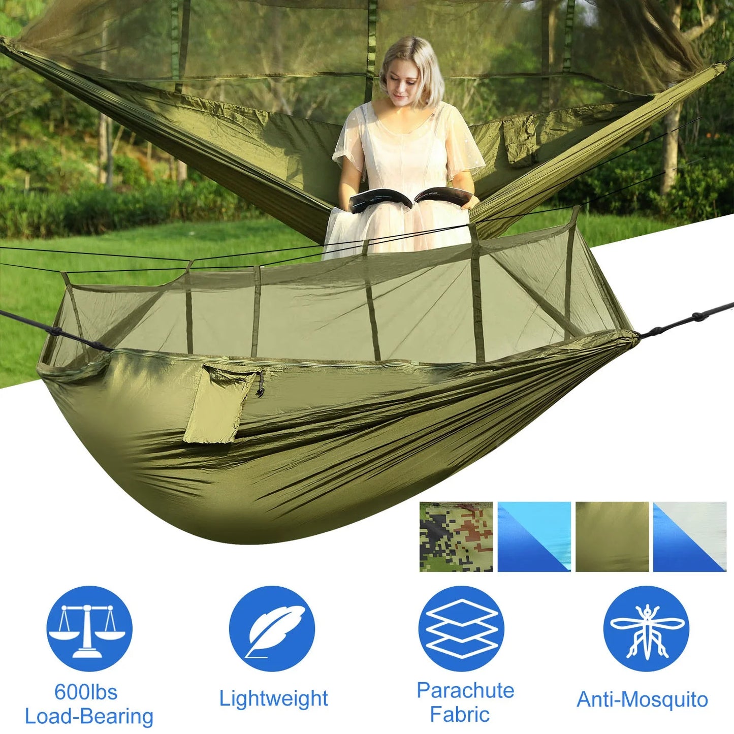 Camping Hammock, SHINPT Portable Double Hammock with Net, 600lbs Load 2 Persons Hammock Mosquito Net Outdoor Hiking Camping Hommock, Portable Nylon Swing Hanging Bed Strap Hook Carry Bag, Camouflage