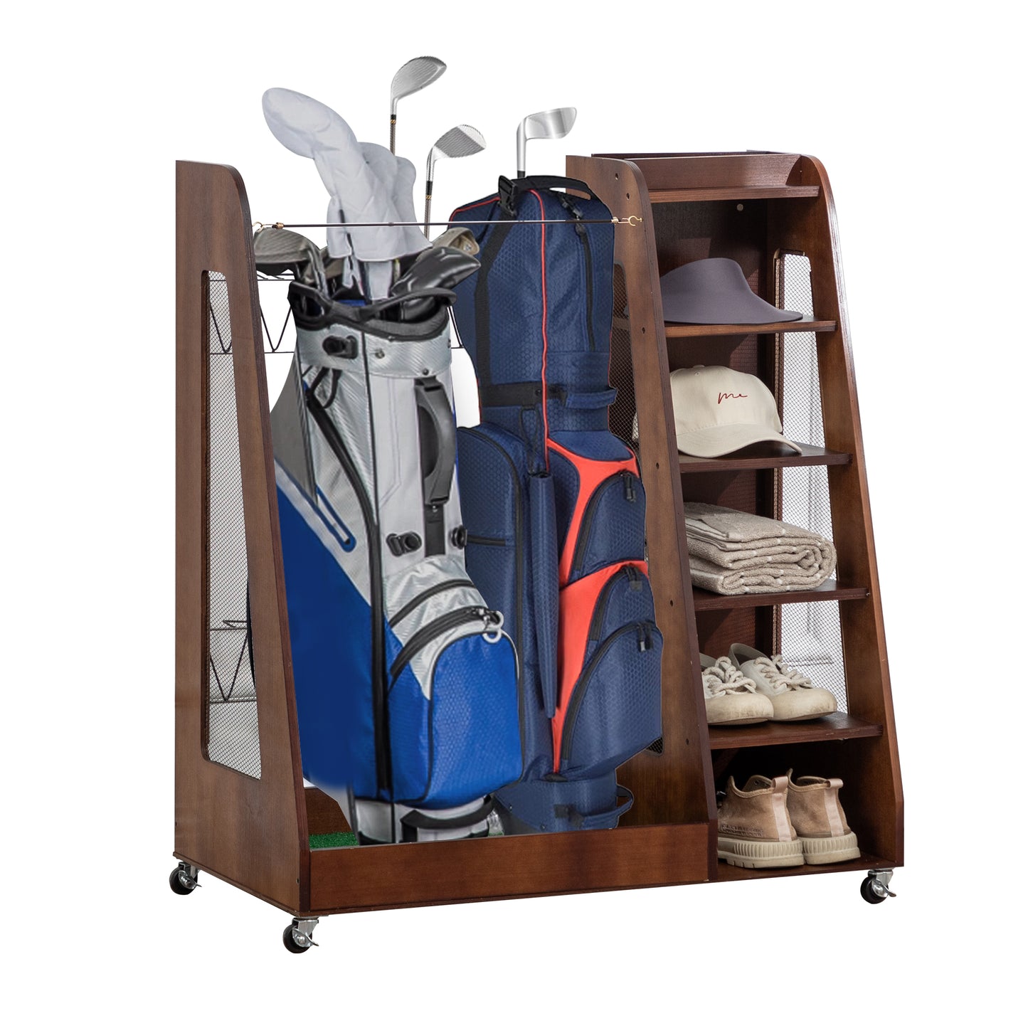 Wooden Golf Bag Organizer and Storage Rack, High Quality Wooden 2 Golf Bag Rack with Drawers, Easy to Assemble Golf Club Holder/Stand with Club Holders on Side,Black