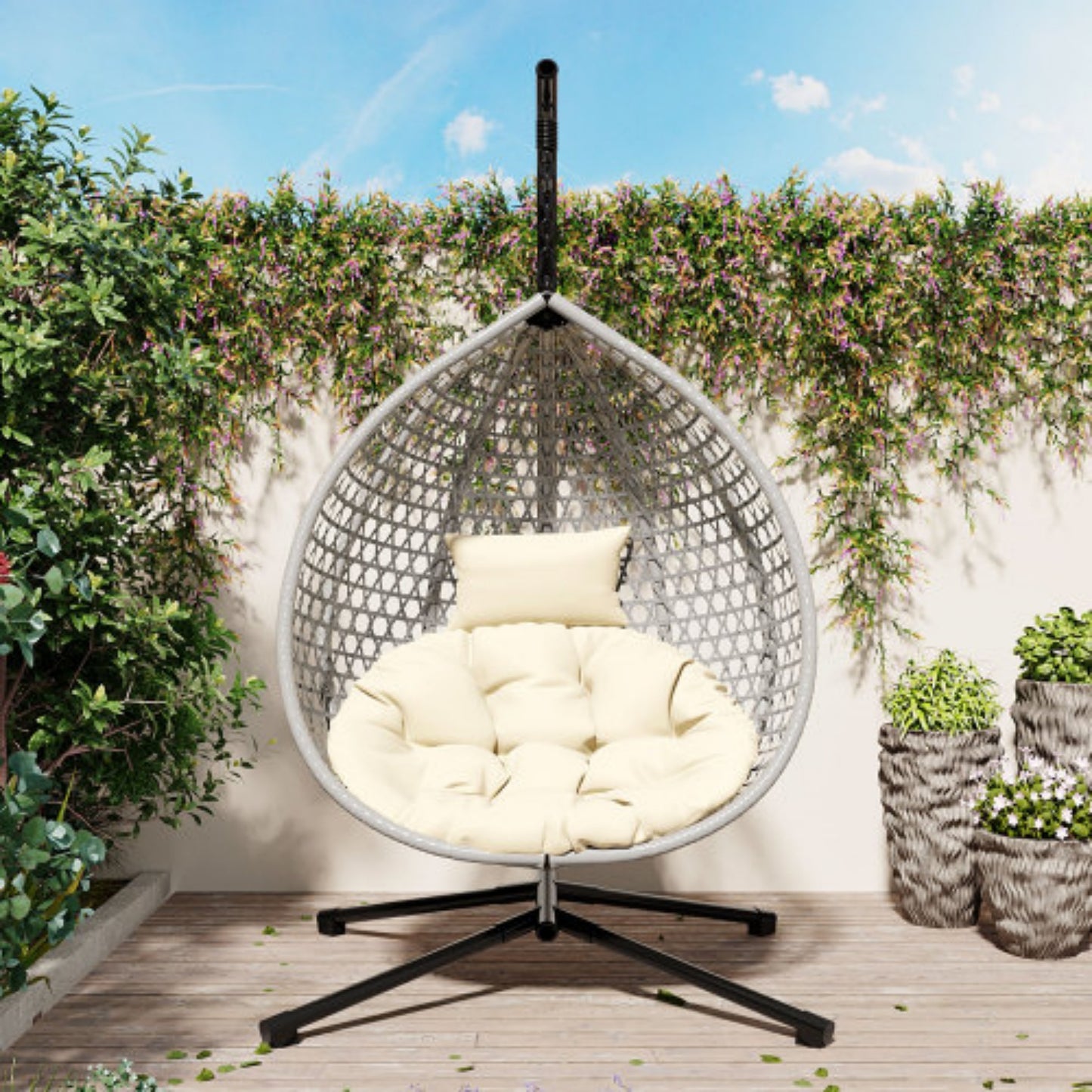 Egg Chair with Stand, Indoor/Outdoor Hanging Egg Chair with Removable & Washable Cushions, Hammock Rattan Swing Chair with 330 LBS Capacity for Bedroom, Balcony, Poolside, Garden, Backyard
