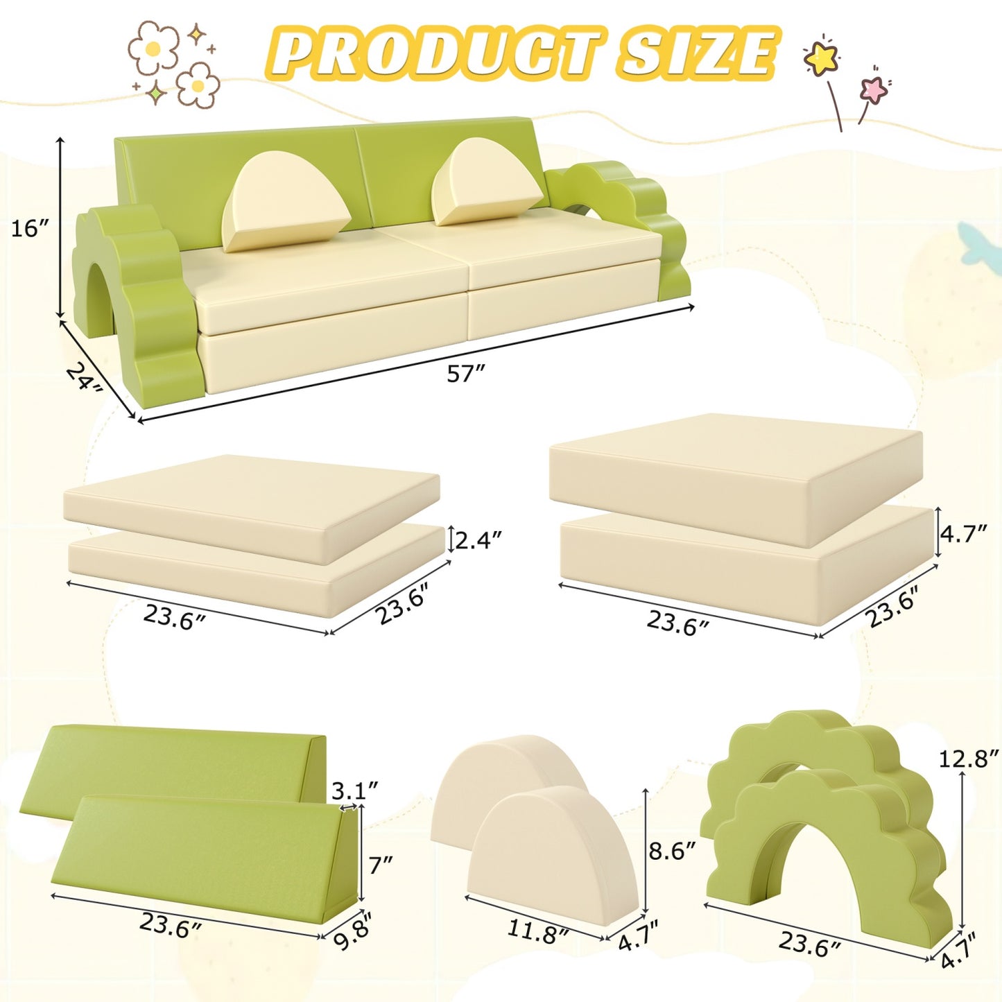 10PCS Modular Kids Play Couch with Climbing Slope, PU Leather Toddler Couch Sofa for Baby Indoor, Climbing Toys for Toddlers 1-3 Inside, Soft Foam Climbing Blocks for Infant, Kids, Pre-school