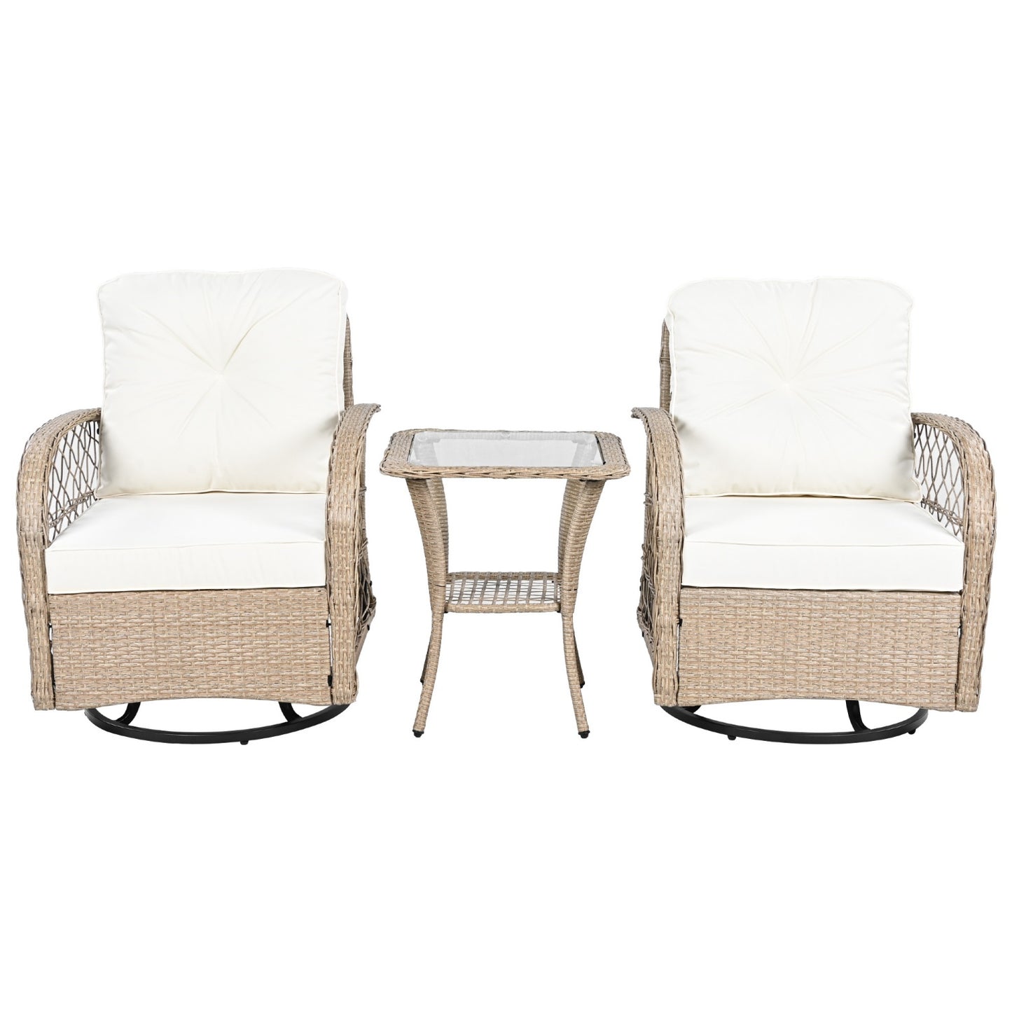 Outdoor Rocking Chair Set of 2, SHINPT All Weather Wicker Patio Furniture Set with Premium Fabric Cushions, Front Porch furniture Set with Table Set for Balcony, Deck, Yard, Natural/Brown