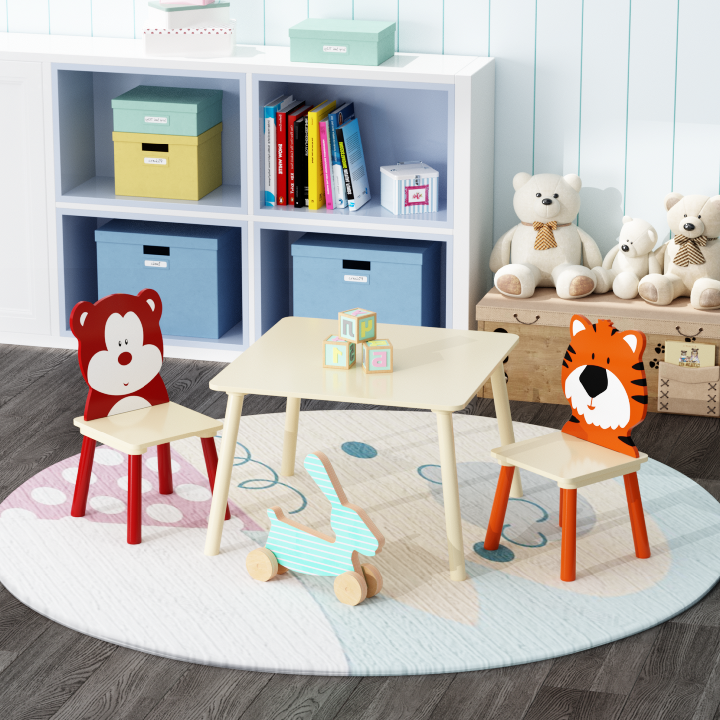 Kids Table and 2 Chairs Set, SHINPT 3 Pieces Wooden Activity Play Table Set with Non-Slip Legs , Toddler Table and Chair Set with Cute Bear&Tiger, Kids Activity Table for Playroom, Classroom, Home