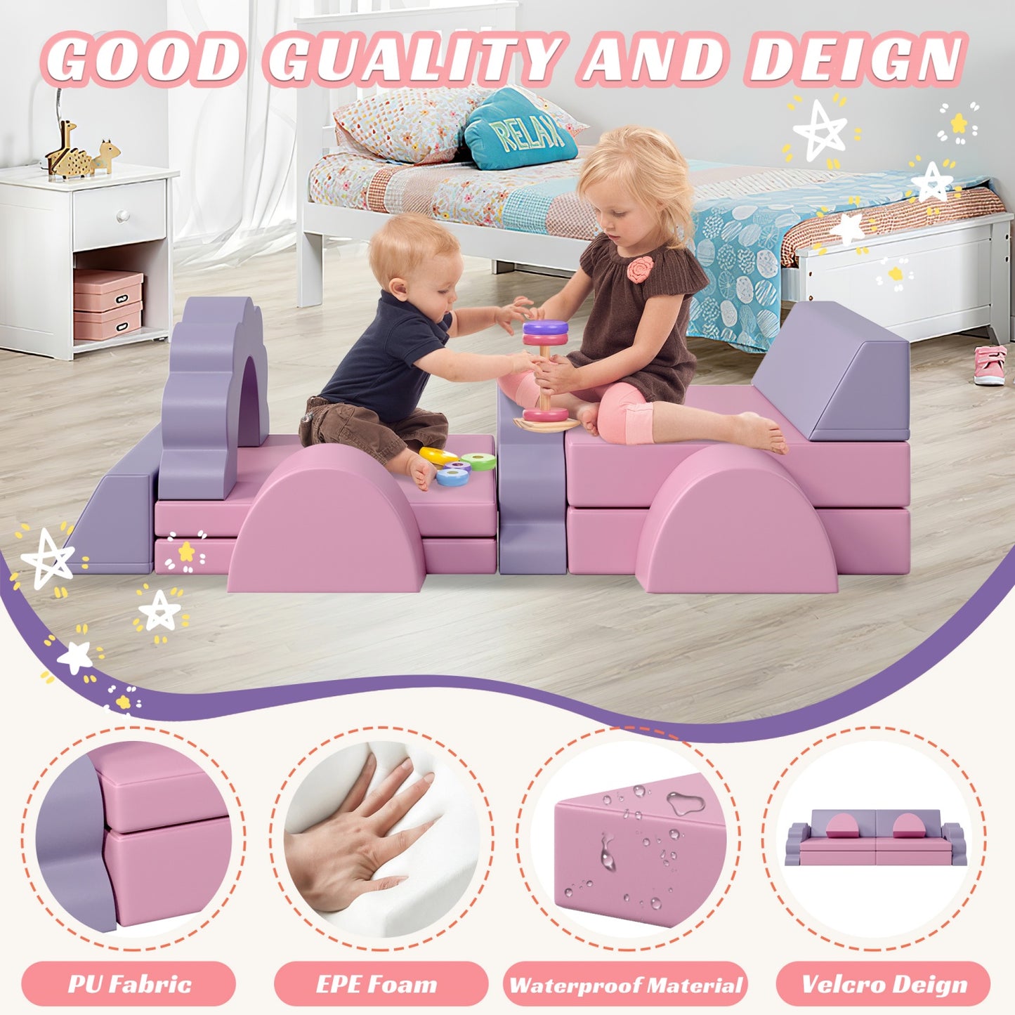 10PCS Modular Kids Play Couch with Climbing Slope, PU Leather Toddler Couch Sofa for Baby Indoor, Climbing Toys for Toddlers 1-3 Inside, Soft Foam Climbing Blocks for Infant, Kids, Pre-school