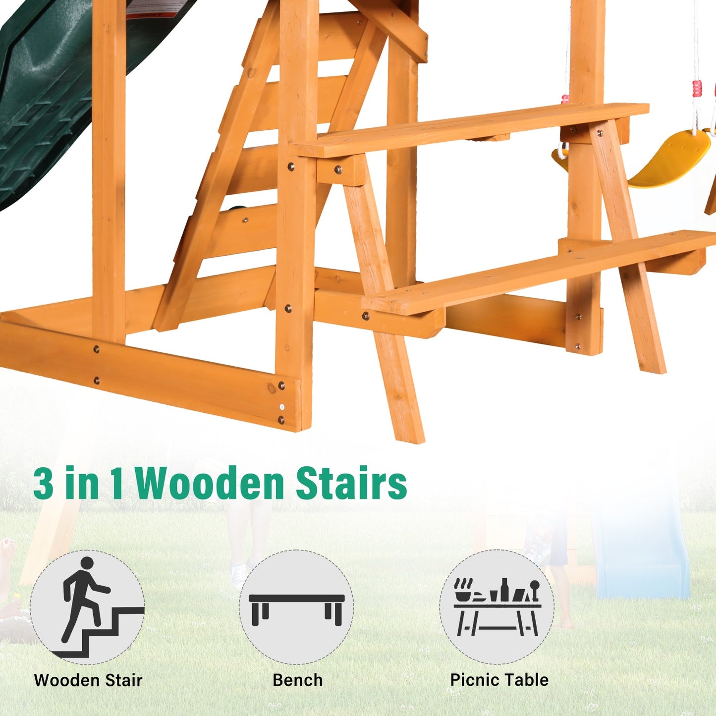 Wooden Outdoor Swing Set, All-in-One Kids Outdoor Play Equipment for Kids Age 3-12 with Wave Slide, 2 Swings, Climbing Wall, Canopy Roof and Ladder, Kids Playground for Backyard, Garden, Park