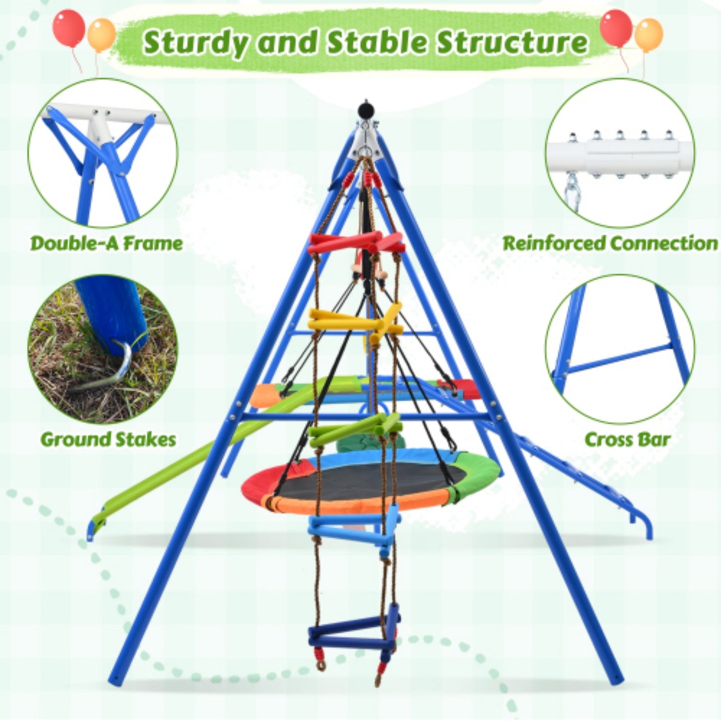 6 in 1 Swing Sets for Outside,SHINPT Playground Sets for Backyard with Climbing Rope Ladder, Disc Swing, Monkey Bar Swing, Slide and Climbing, Saucer Swing, Multifunctional Playset for Kids 3-10