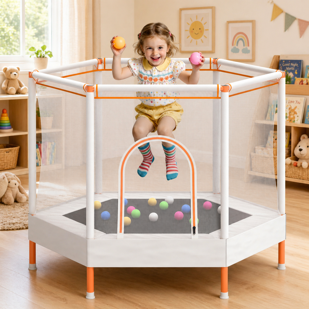 55" Toddler Trampoline with Enclosure Net & Ocean Balls, SHINPT Kids Trampoline for Toddlers Ages 3+, Indoor Trampoline with No Gap Design, Small Trampoline for Kids Room, Living Room, Ideal Gift