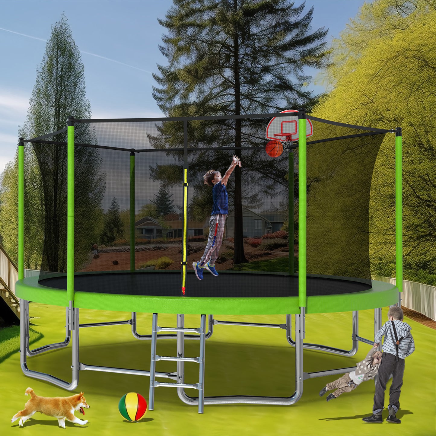 16FT Outdoor Trampoline with Safety Enclosure Net, Heavy-Duty 1320lbs Capacity Backyard Trampoline, Recreational Trampoline with Basketball Hoop, Ideal for Children, Kindergarten, Green