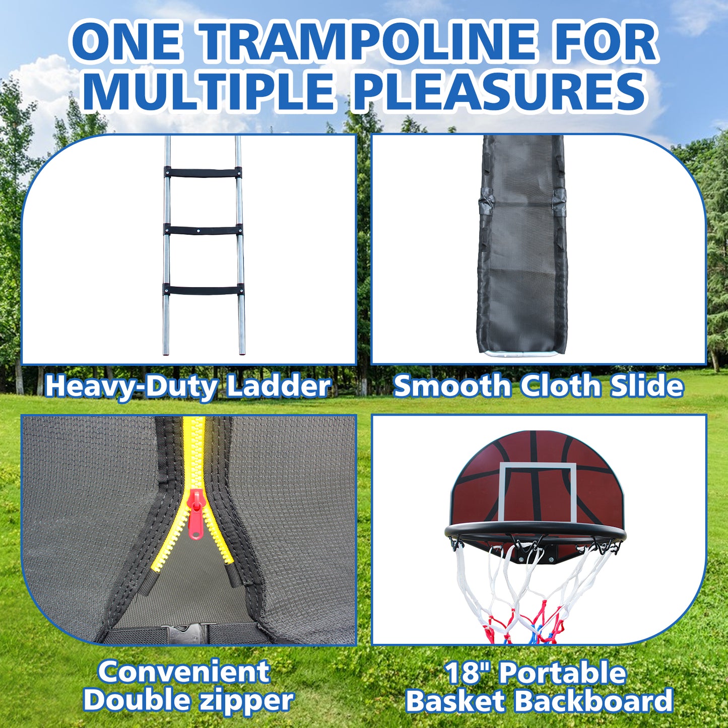 SHINPT Trampoline with Enclosure Net, Recreational Trampolines with Ladder and Anti Rust Coating, Kid's Rebounder Outdoor Trampoline, Pumpkin-shaped Trampoline with Slide and Basket Board for Garden