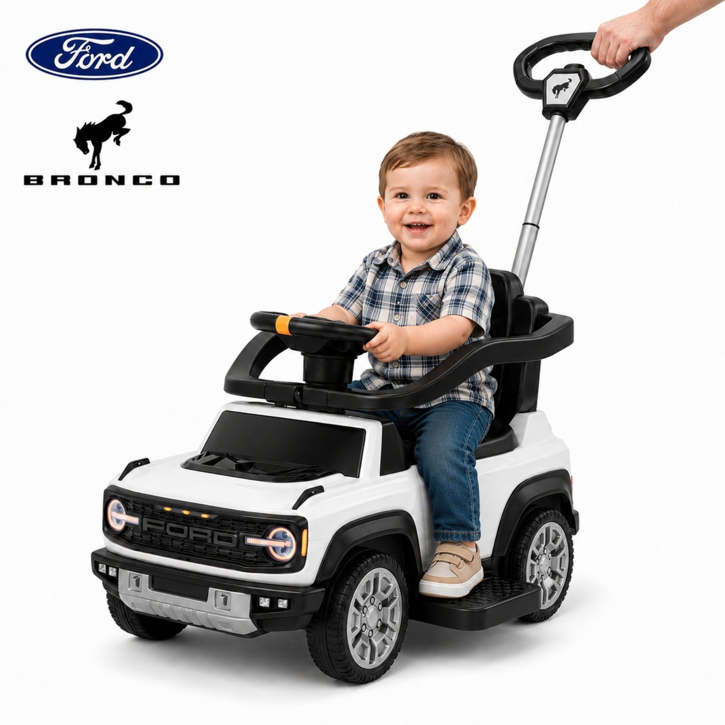 SHINPT 3 in 1 Push Car, Licensed Ford Bronco, Toddler Push Car with Parent Control Handle, Safety Fence, Lights, Music & Storage, Ride on Toy for Toddlers 18-36 Months, Pink