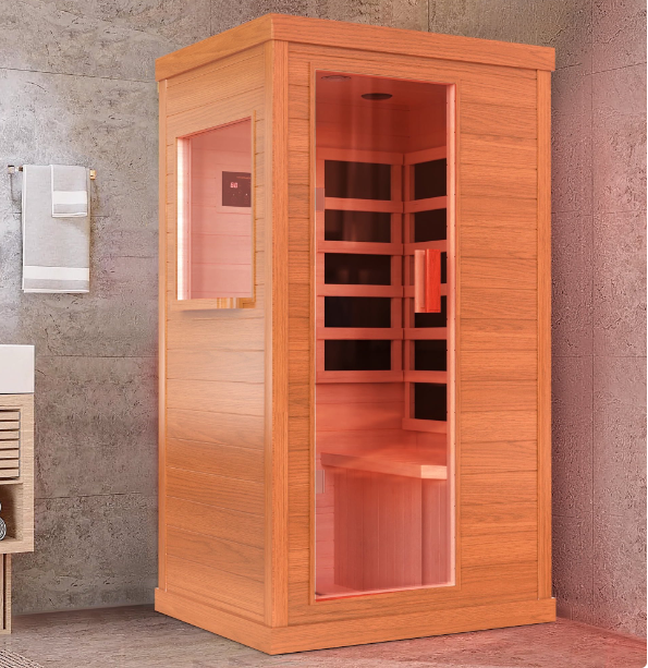 Outdoor African Okoume Sauna, 900W Sauna Room, 360° Far Infrared Sauna with Bluetooth Music Player and Video Player Rack