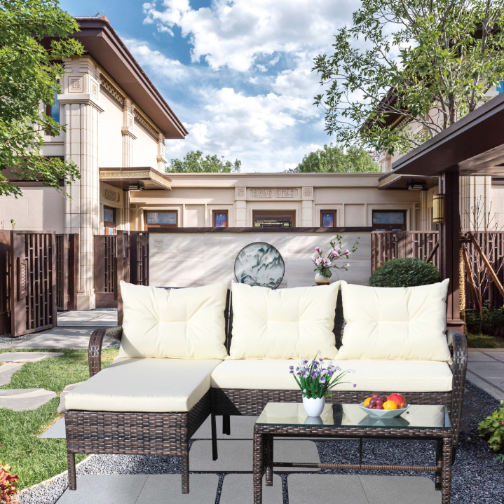 Outdoor Patio Wicker Rattan Sofa Set with Brown Glass Table + Beige Cushion, Shinpt Outdoor Sectional Conversation Sofa Set with Load Capacity of 596lbs for Backyard and Garden