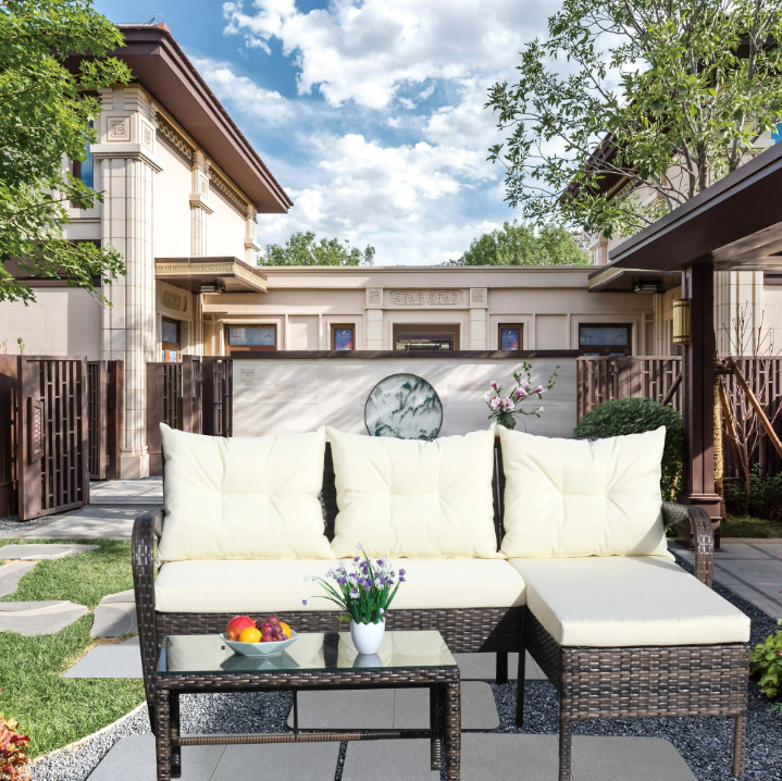 3-Piece Patio Furniture Sets, Shinpt Outdoor Wicker Conversation Set for Outdoor, Backyard and Poolside, Garden Furniture with Coffee Table and Beige Cushion