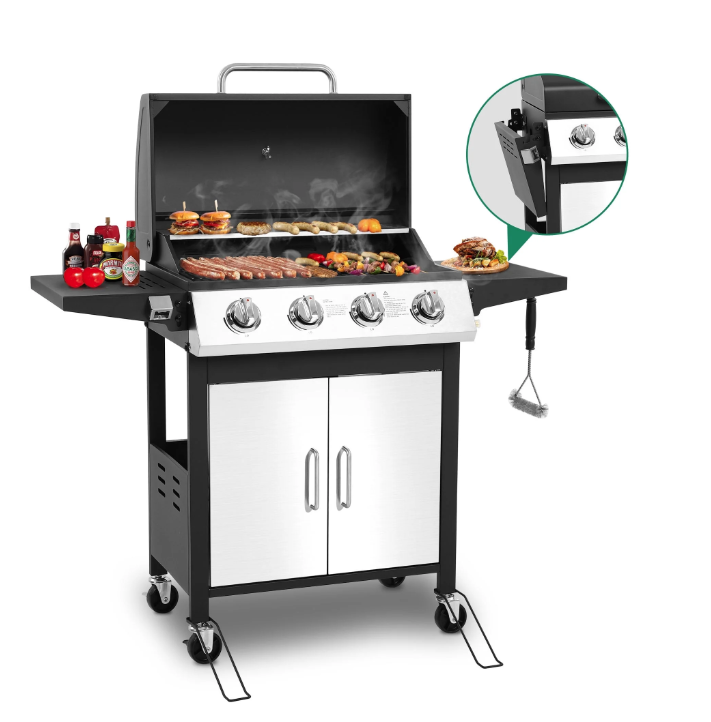 SHINPT 4-Burner Gas Grill with 4 Universal Wheels & Bottle Opener, 40000BTU Propane Grill for Outdoor Use