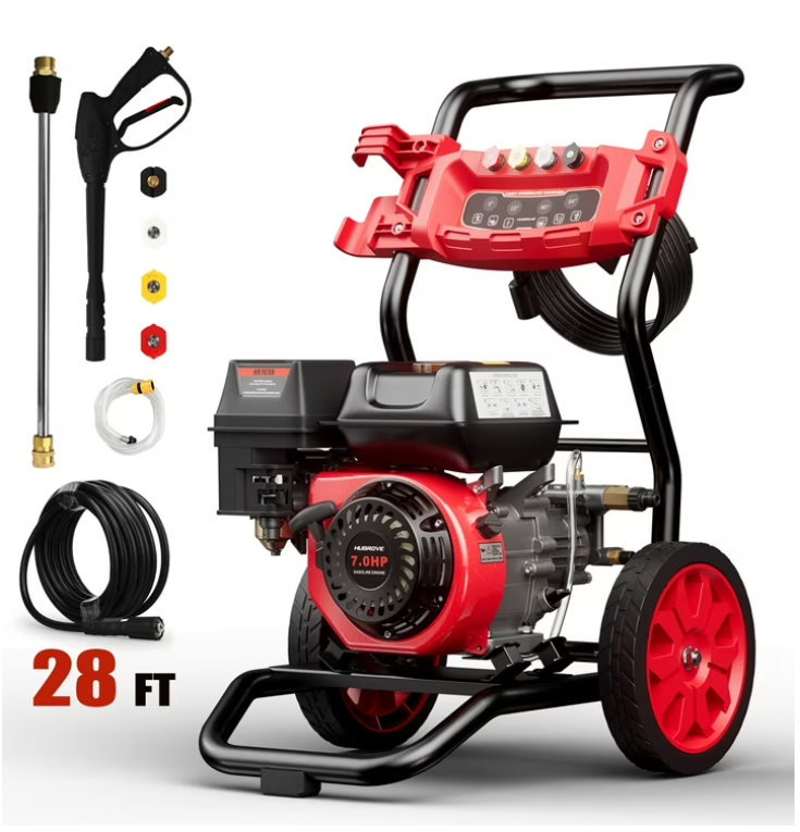 3500PSI Pressure Washer with 4 Nozzle, Portable Gas Pressure Washer for Patios, Cars, Fences, Driveways, 2.6GPM High-Power Washer with 28' High-Pressure Hose, Red & Black