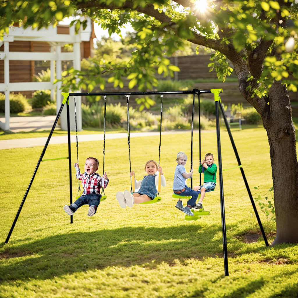 Swing Sets for Backyard, SHINPT Heavy Duty A-Frame Metal Outdoor Swing Set with 2 Belt Seat, Toddler Swing Set with Glider, Backyard Playground Set Gift for Age 3+, 440lbs Load Capacity