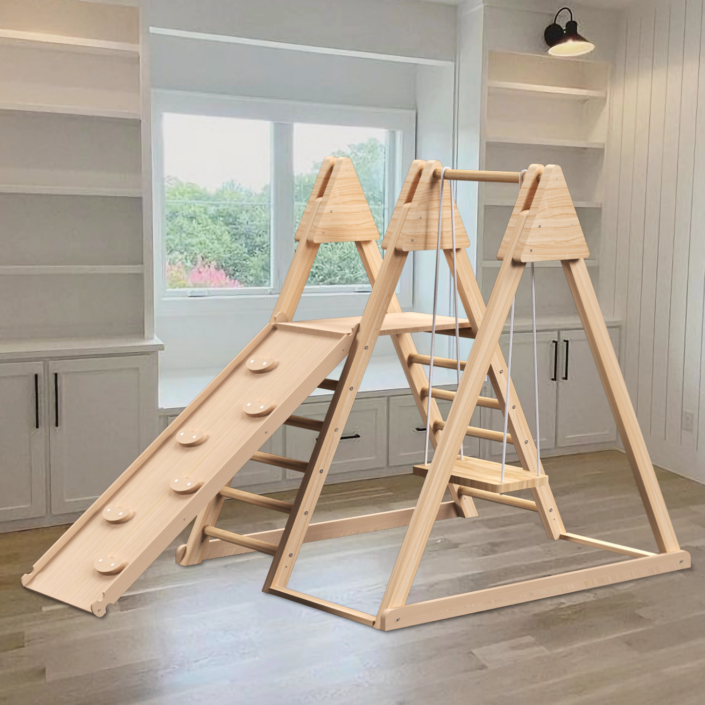 4-in-1 Indoor Jungle Gym, Wooden Indoor Climbing Toys with Baby Swing, Slide, Ladder, and Climbing Wall, Foldable Wooden Playset for Kids & Toddlers Ages 2-6, Best Gift for Boys and Girls