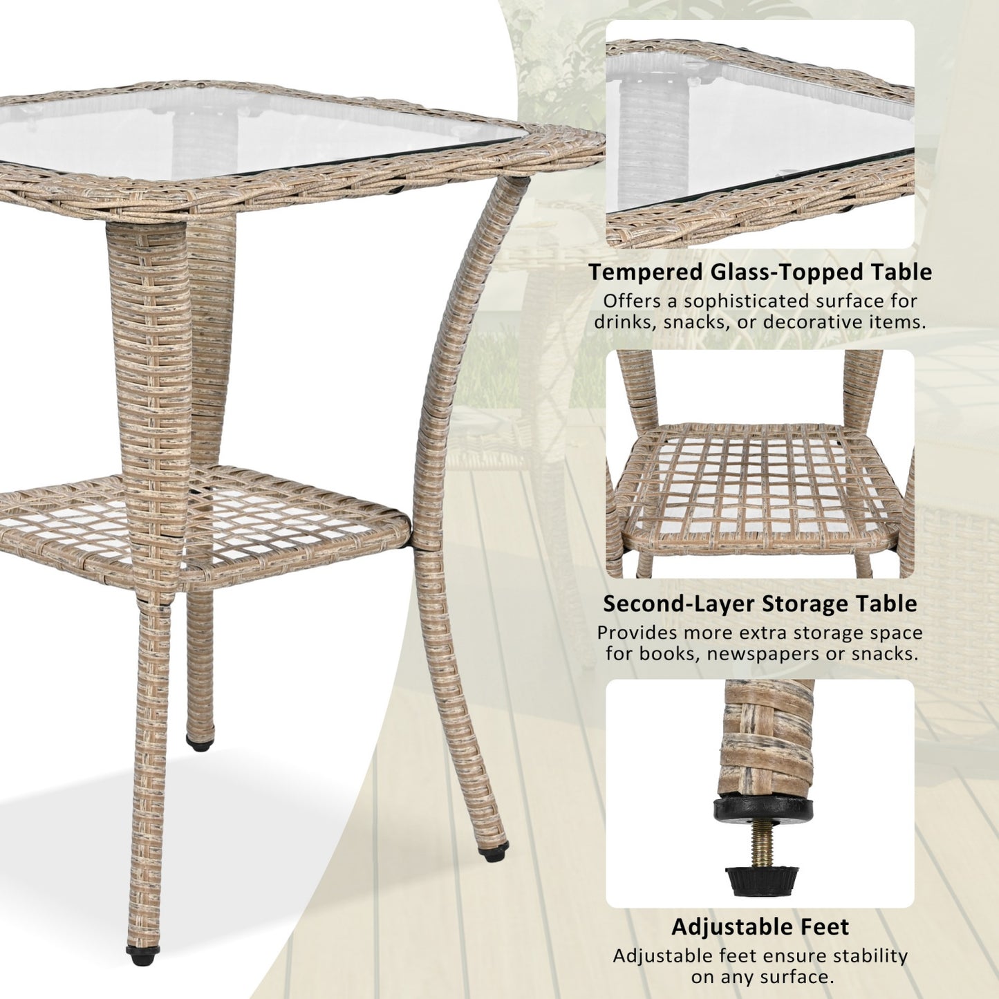 Outdoor Rocking Chair Set of 2, SHINPT All Weather Wicker Patio Furniture Set with Premium Fabric Cushions, Front Porch furniture Set with Table Set for Balcony, Deck, Yard, Natural/Brown