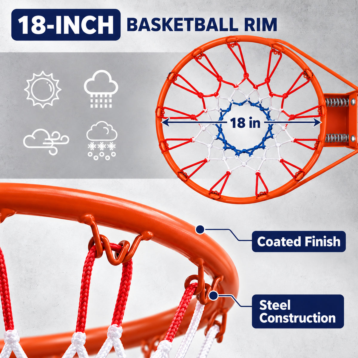 18" Steel Basketball Rim Replacement with Dual Springs, SHINPT Basketball Hoop Rim with Net and 12 Metal Hooks, Wall-Mount Rim for Indoor Outdoor