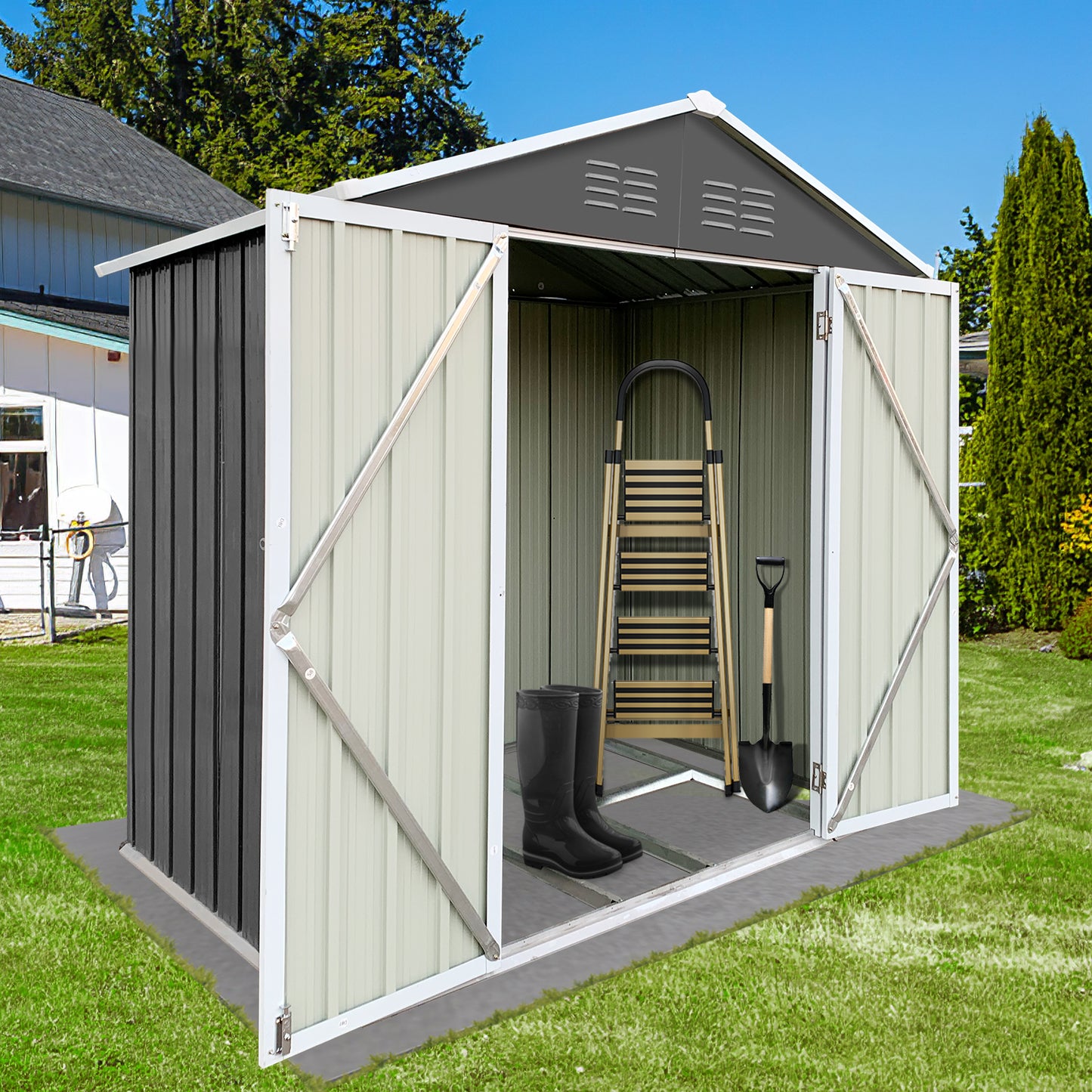 Shinpt 6' x 4' Outdoor Storage Shed, All Weather Metal Sheds with Metal Foundation & 2 Lockable Doors, Tool Shed for Garden, Backyard, Lawn, Dark Grey