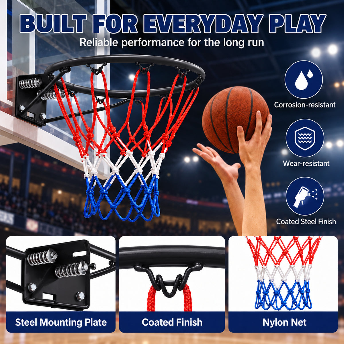18" Steel Basketball Rim Replacement with Dual Springs, SHINPT Basketball Hoop Rim with Net and 12 Metal Hooks, Wall-Mount Rim for Indoor Outdoor