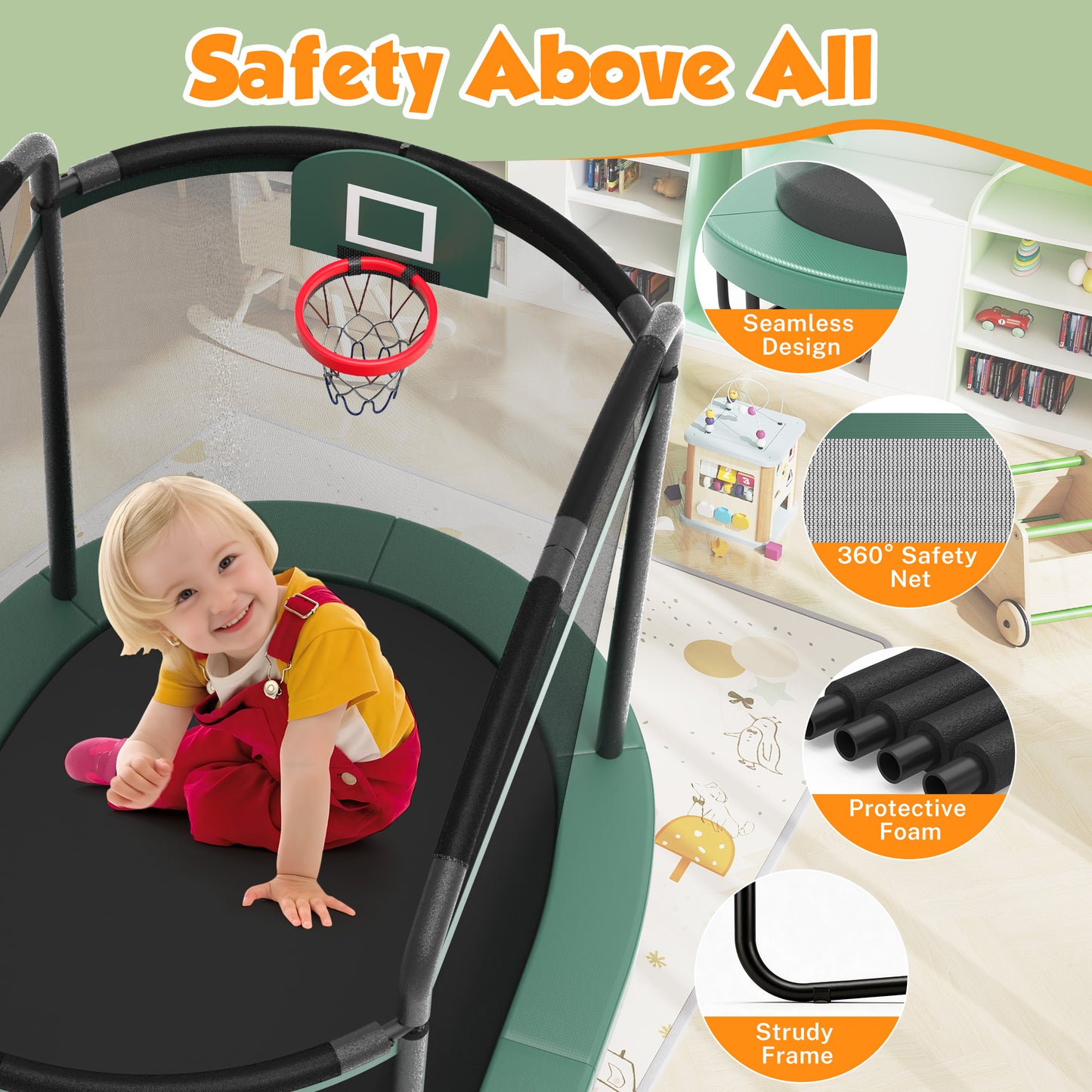4×6FT Toddler Trampoline for Kids 3+, SHINPT Kids Trampoline with 770lbs Weight Capacity, Mini Trampoline Indoor/Outdoor, Small Trampoline for Kids with Adjustable Gymnastics Bar and Basketball Hoop
