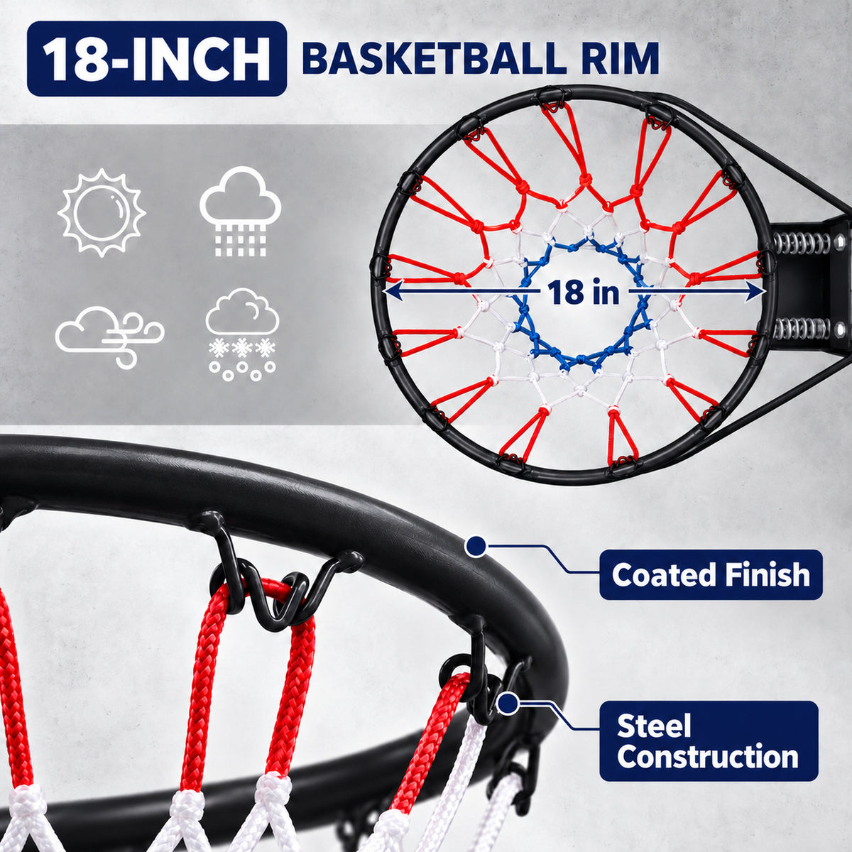 18" Steel Basketball Rim Replacement with Dual Springs, SHINPT Basketball Hoop Rim with Net and 12 Metal Hooks, Wall-Mount Rim for Indoor Outdoor