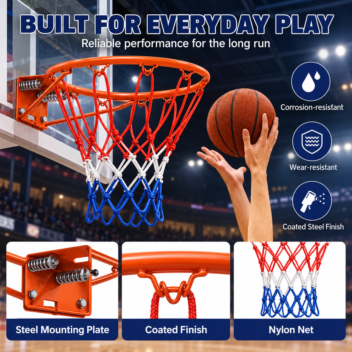 18" Steel Basketball Rim Replacement with Dual Springs, SHINPT Basketball Hoop Rim with Net and 12 Metal Hooks, Wall-Mount Rim for Indoor Outdoor