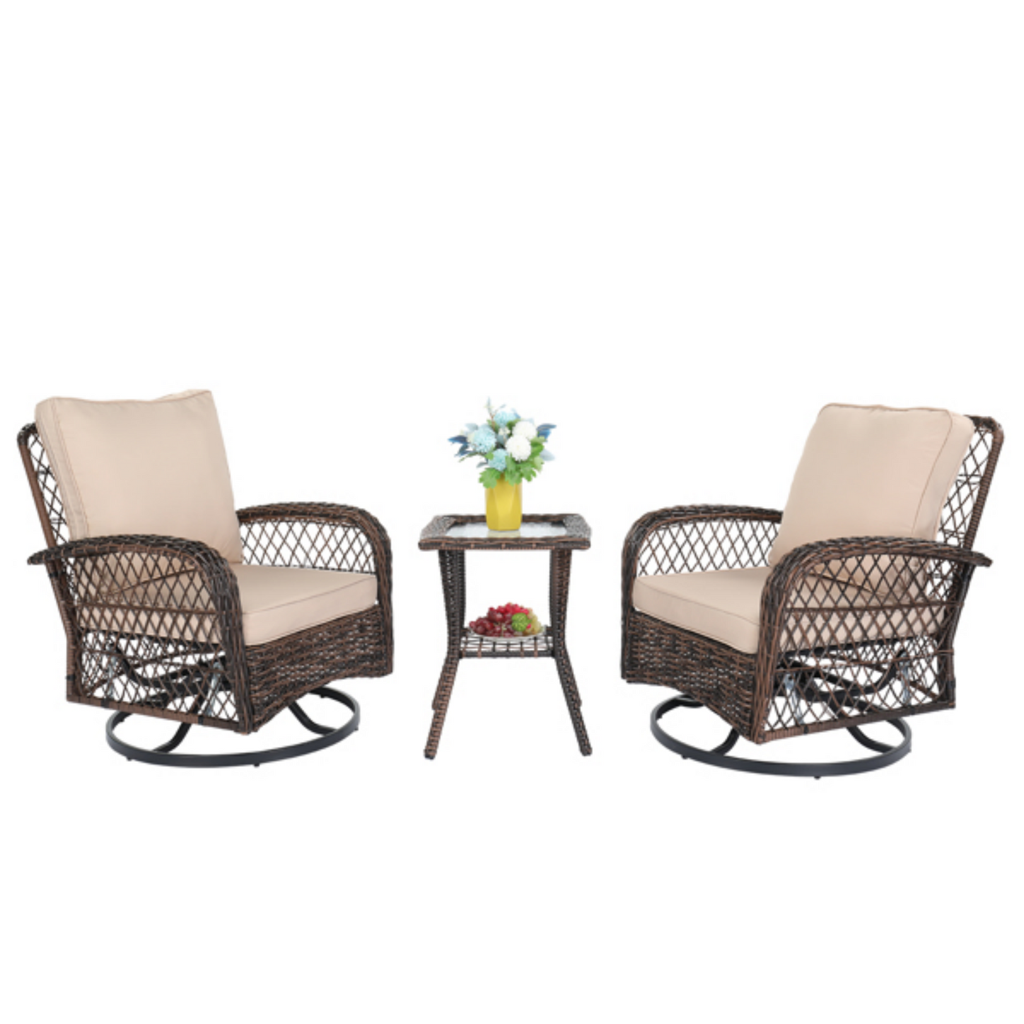 Outdoor Swivel Glider Rocking Chair Set with 360° Rotation, Patio Furniture Set with All-Weather PE Rattan & Plush Cushions for Patio, Porch, Deck