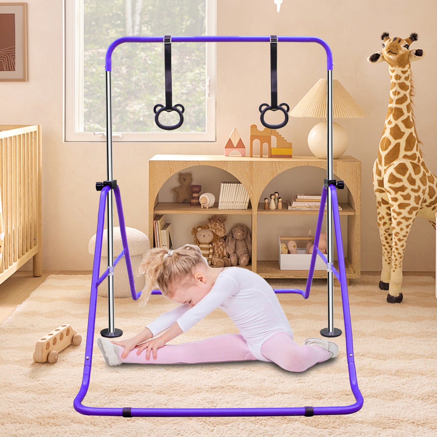 Gymnastics Bar for Kids Ages 6-12, SHINPT Foldable Junior Training Bar with 4 Adjustable Height, Junior Expandable Horizontal Monkey Bar for Indoor/Outdoor, Gymnastics Equipment w/110Lbs Capacity