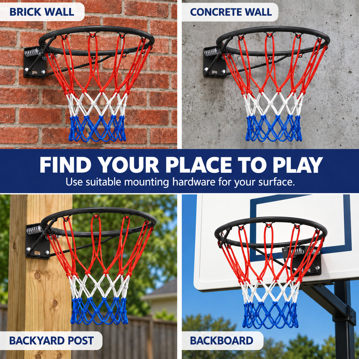 18" Steel Basketball Rim Replacement with Dual Springs, SHINPT Basketball Hoop Rim with Net and 12 Metal Hooks, Wall-Mount Rim for Indoor Outdoor