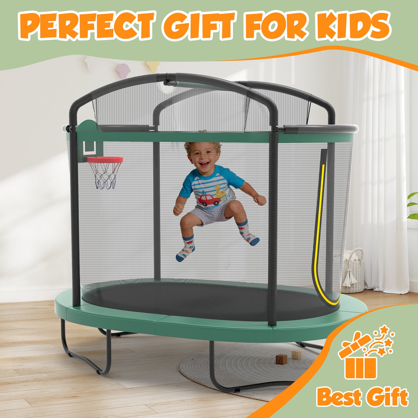 4×6FT Toddler Trampoline for Kids 3+, SHINPT Kids Trampoline with 770lbs Weight Capacity, Mini Trampoline Indoor/Outdoor, Small Trampoline for Kids with Adjustable Gymnastics Bar and Basketball Hoop