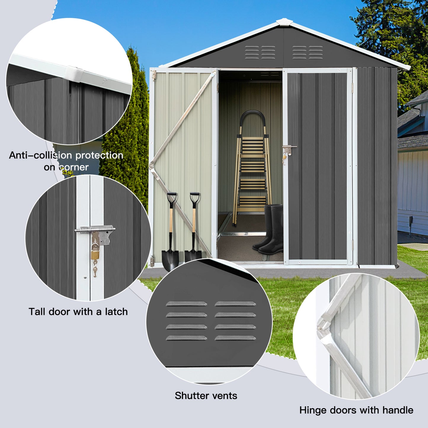 Shinpt 6' x 4' Outdoor Storage Shed, All Weather Metal Sheds with Metal Foundation & 2 Lockable Doors, Tool Shed for Garden, Backyard, Lawn, Dark Grey