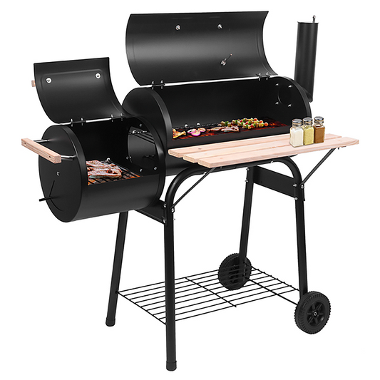 Shinpt Black Charcoal Grill with Wood Shelves and 429 Cooking Square Inches for Camping, 30” Charcoal Grill with Wood-Painted Side Front Table for Outdoor and Backyard