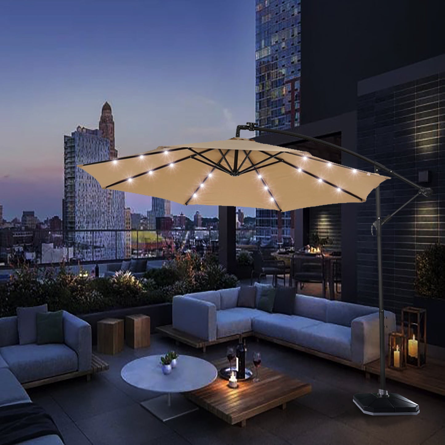 SHINPT 10ft Patio Hanging Cantilever Umbrella, Large Round Market Umbrella Outdoor with 24 LED Lights 8 Sturdy Ribs and Crank for Deck, Pool, Garden, Backyard Taupe(1.9" Pole)