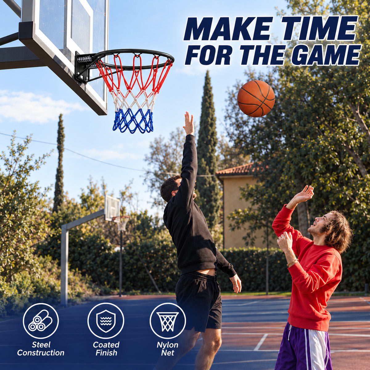18" Steel Basketball Rim Replacement with Dual Springs, SHINPT Basketball Hoop Rim with Net and 12 Metal Hooks, Wall-Mount Rim for Indoor Outdoor