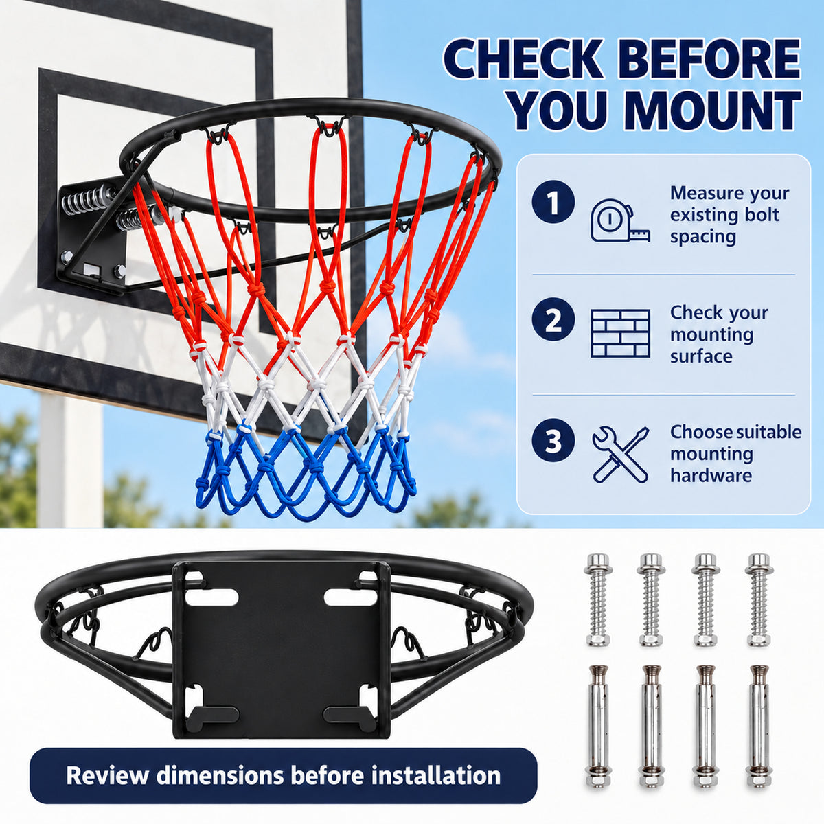 18" Steel Basketball Rim Replacement with Dual Springs, SHINPT Basketball Hoop Rim with Net and 12 Metal Hooks, Wall-Mount Rim for Indoor Outdoor