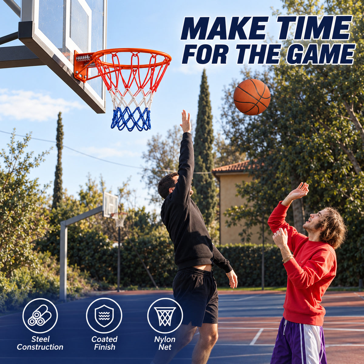 18" Steel Basketball Rim Replacement with Dual Springs, SHINPT Basketball Hoop Rim with Net and 12 Metal Hooks, Wall-Mount Rim for Indoor Outdoor