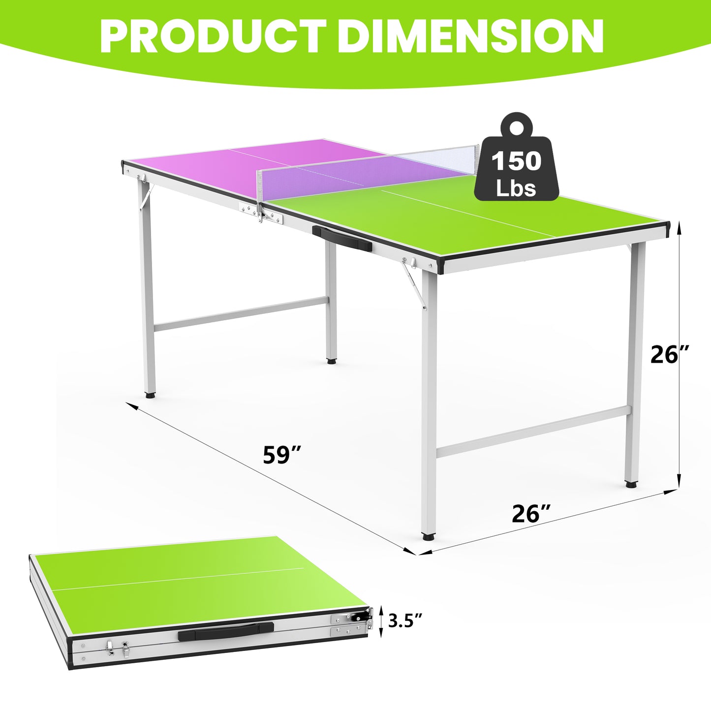 5FT Outdoor Ping Pong Table, SHINPT Table Tennis Table with Net and Paddles, 5ft Portable Ping Pong Table Set for Backyard, Patio, Basement, Waterproof Mini Ping Pong Table for Party/Family Games