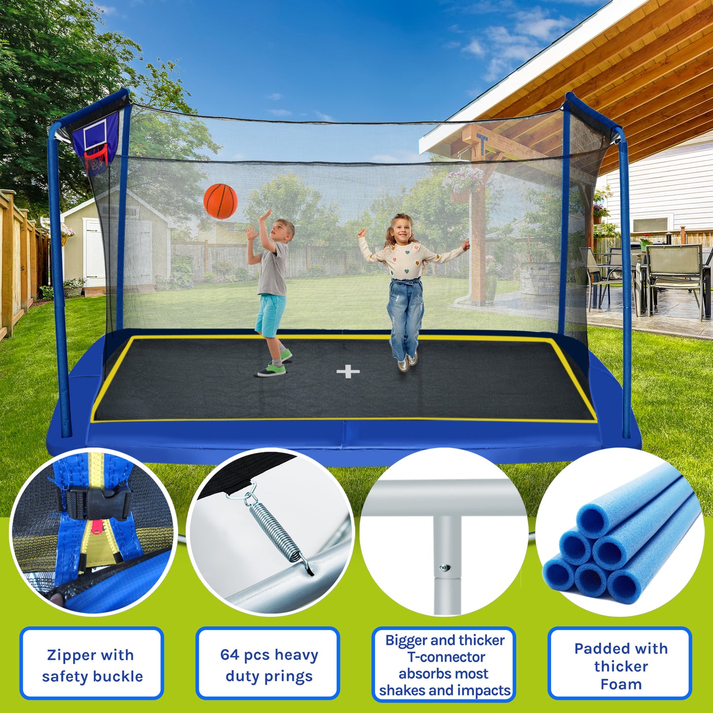 8x12 FT Heavy Duty Rectangular Trampoline with Safety Enclosure Net, Basketball Hoop & Ladder for Kids and Adults, 1200lbs Capacity, UV-Resistant Jump Mat, Ideal for Gymnastics & Backyard Fun