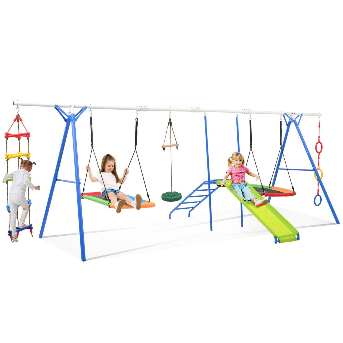 6 in 1 Swing Sets for Kids , BTMWAY Toddle Outdoor Swing Playsets with Climbing Rope Ladder, Disc Swing, Monkey Bar Swing, Slide and Climbing, Saucer Swing, Heavy Duty Swingset Outdoor for Kids 3-10